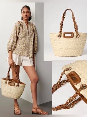 Maje Woven Straw Tote Bag with Tan Leather Trim.